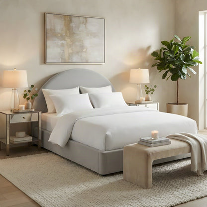 Performance Velvet Queen Platform Bed with Arched Round Headboard, Alabaster