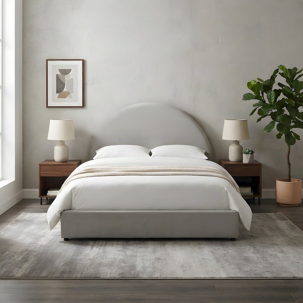 Performance Velvet Queen Platform Bed with Arched Round Headboard, Alabaster