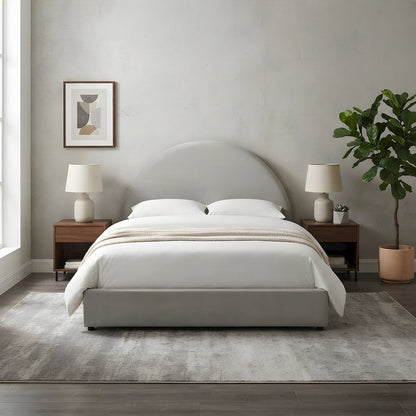 Performance Velvet Queen Platform Bed with Arched Round Headboard, Alabaster