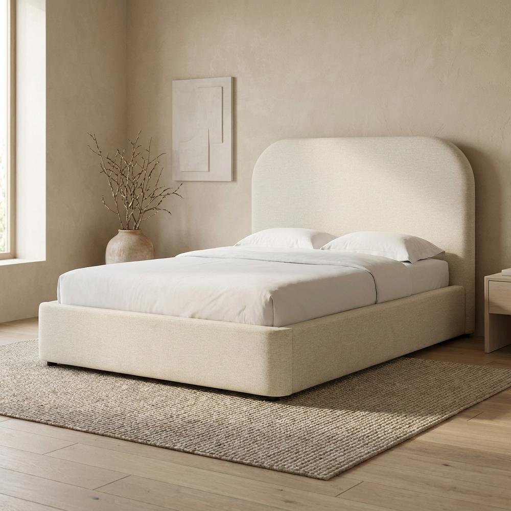 Fabric Curved Platform Bed with Cloud Headboard, Twin Bed Frame, Ivory