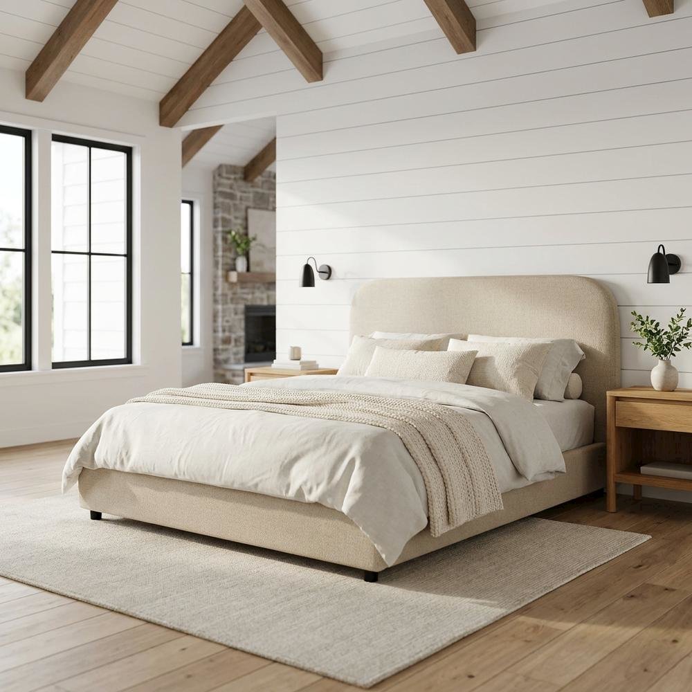 Fabric Curved Platform Bed with Cloud Headboard, Twin Bed Frame, Light Gray