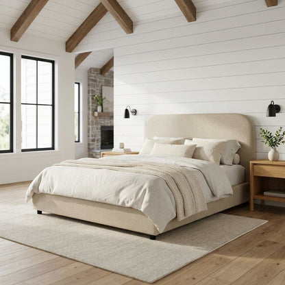 Fabric Curved Platform Bed with Cloud Headboard, Twin Bed Frame, Light Gray