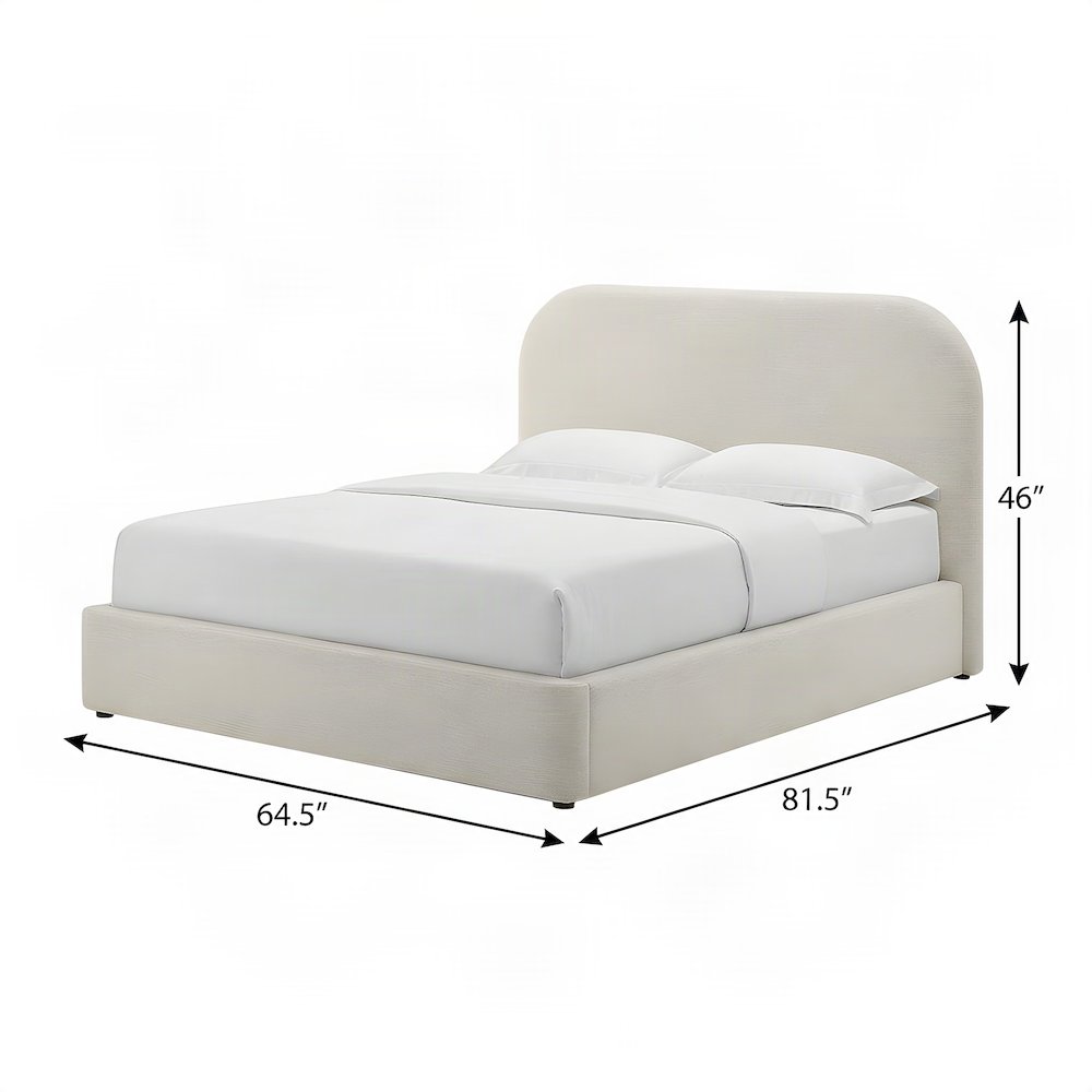 Upholstered Curved Full Platform Bed with Headboard, Heathered Weave Ivory