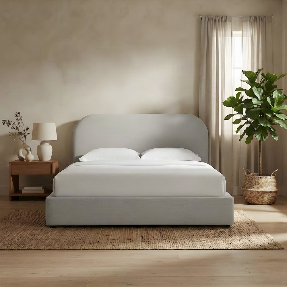 Upholstered Curved Full Platform Bed with Headboard, Heathered Weave Ivory