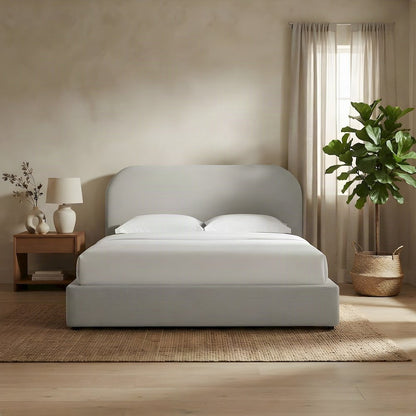 Upholstered Curved Full Platform Bed with Headboard, Heathered Weave Ivory