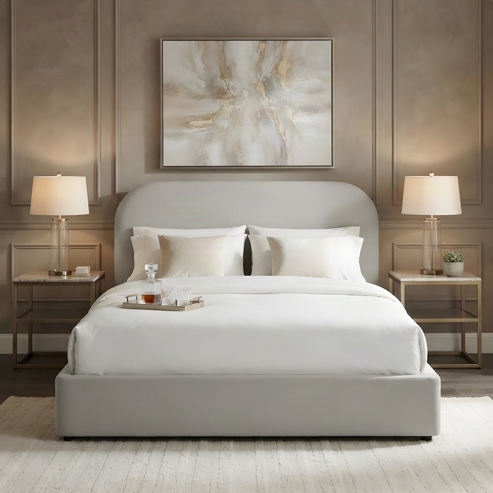 Upholstered Curved Full Platform Bed with Headboard, Heathered Weave Ivory