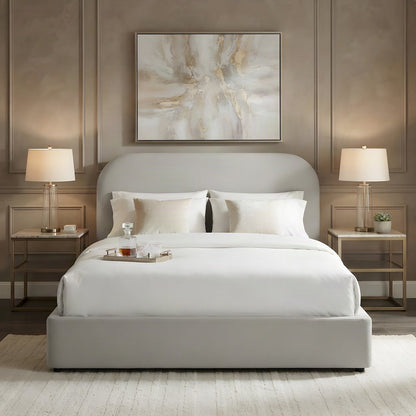 Upholstered Curved Full Platform Bed with Headboard, Heathered Weave Ivory