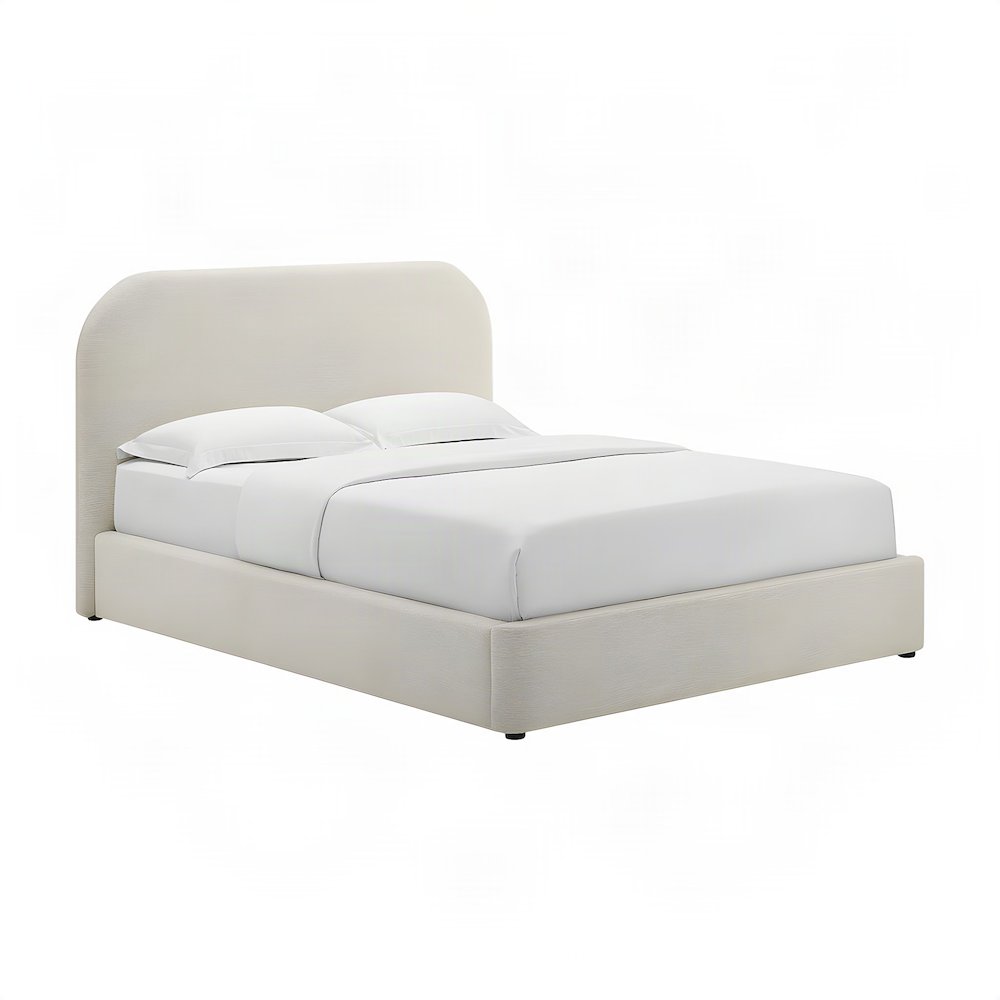 Upholstered Curved Full Platform Bed with Headboard, Heathered Weave Ivory