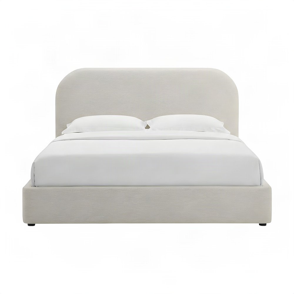 Upholstered Curved Full Platform Bed with Headboard, Heathered Weave Ivory