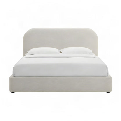 Upholstered Curved Full Platform Bed with Headboard, Heathered Weave Ivory