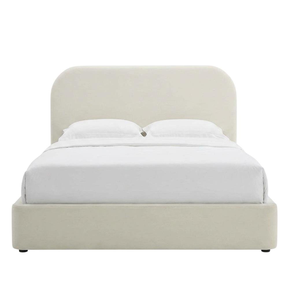 Performance Velvet Queen Platform Bed with Curved Headboard, Alabaster