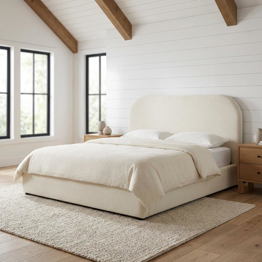 Performance Velvet Queen Platform Bed with Curved Headboard, Alabaster