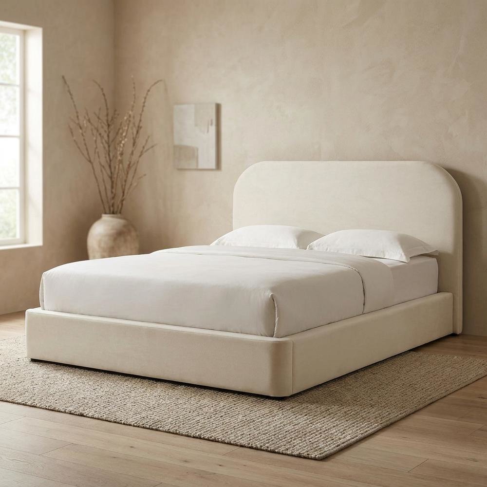 Performance Velvet Queen Platform Bed with Curved Headboard, Alabaster