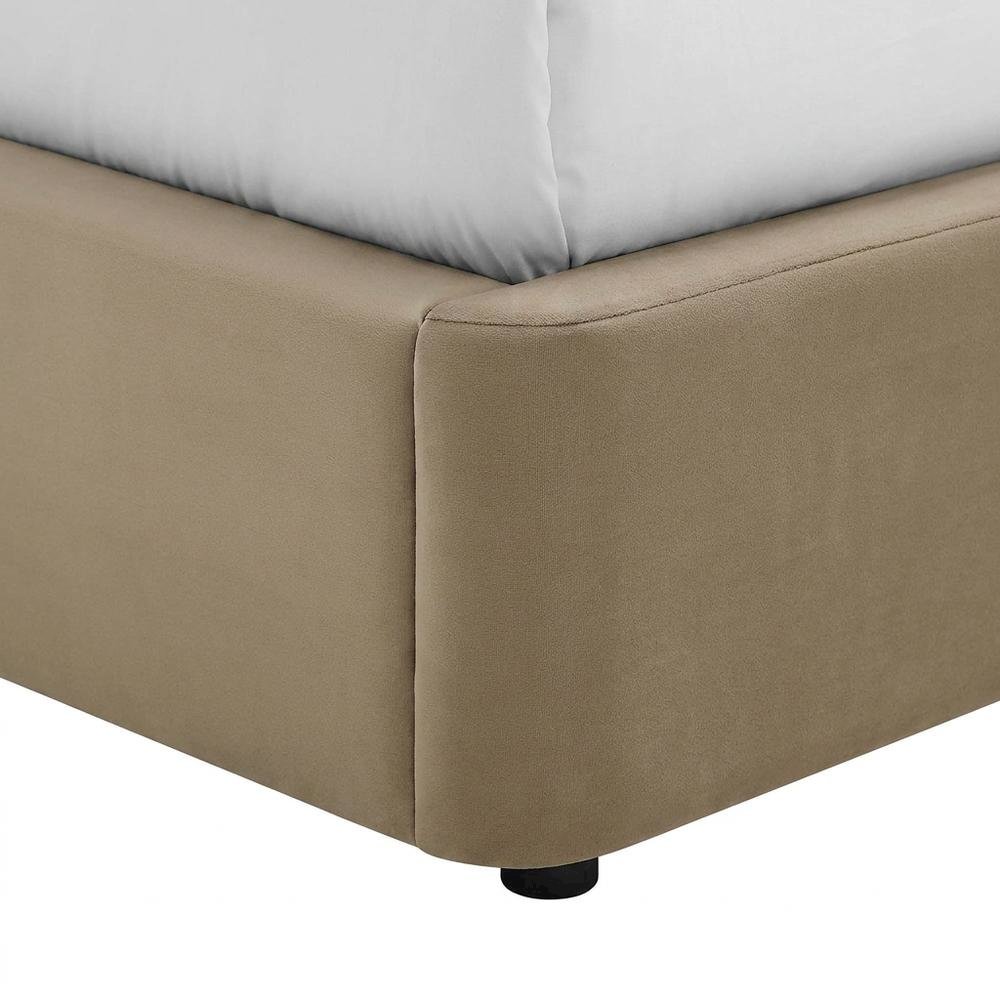 Performance Velvet Upholstered Queen Platform Bed with Curved Headboard, Taupe