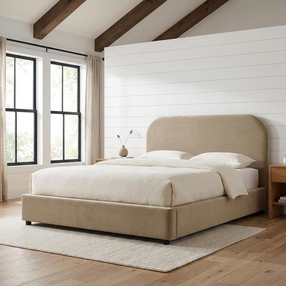 Performance Velvet Upholstered Queen Platform Bed with Curved Headboard, Taupe