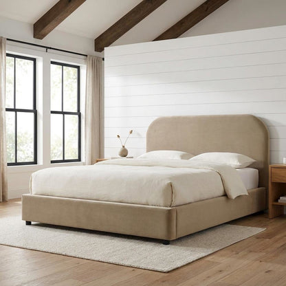 Performance Velvet Upholstered Queen Platform Bed with Curved Headboard, Taupe
