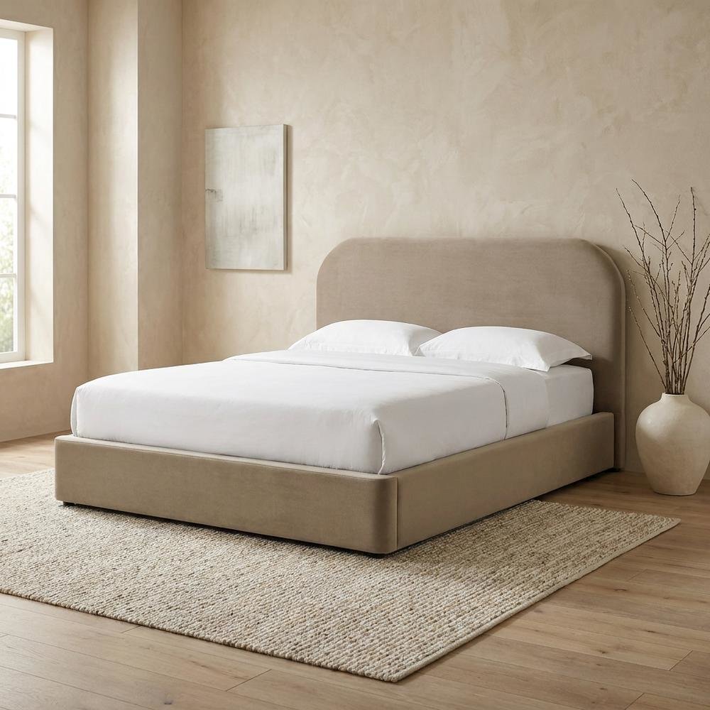 Performance Velvet Upholstered Queen Platform Bed with Curved Headboard, Taupe