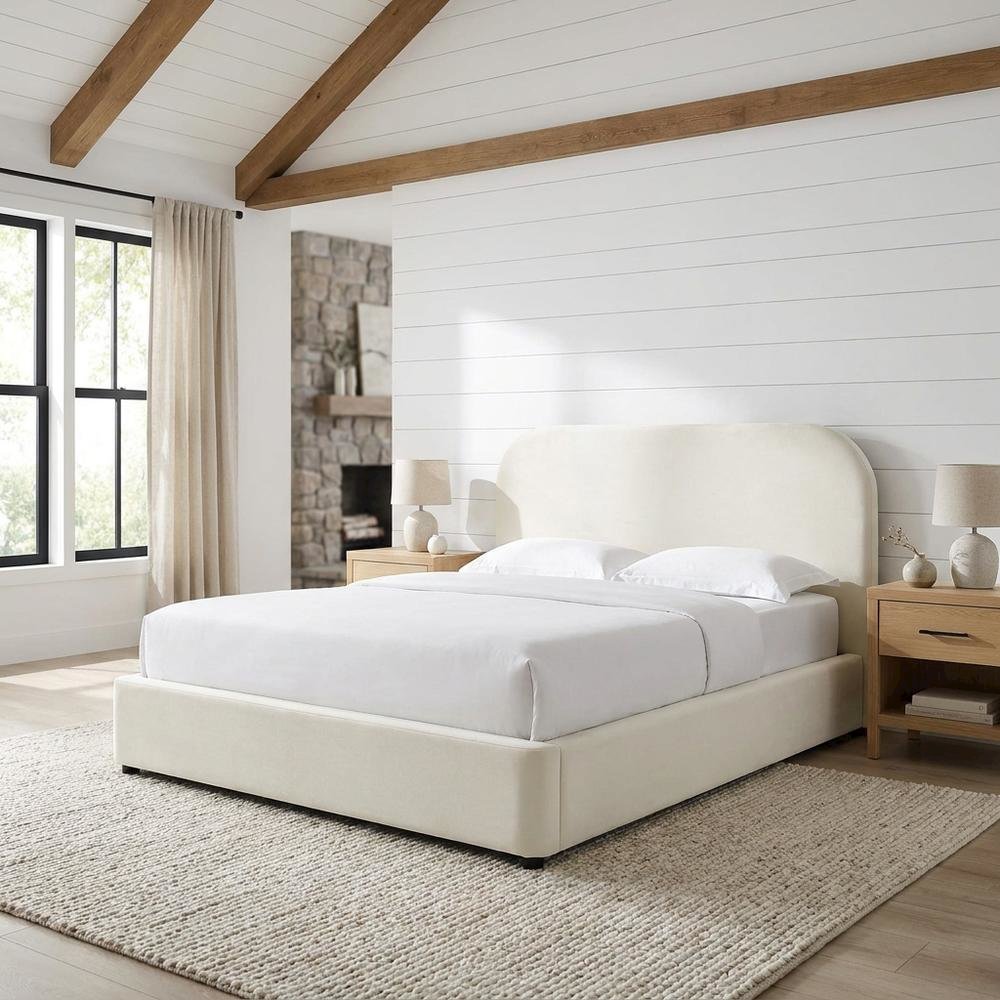 Performance Velvet Curved King Platform Bed with Headboard, Alabaster