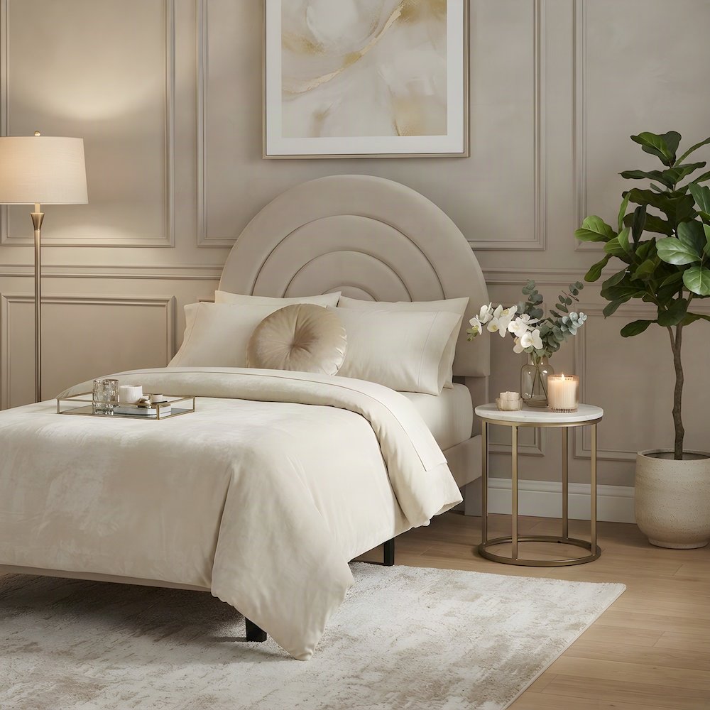 Performance Velvet Twin Headboard with Arched Top, Wall Mount, Almond