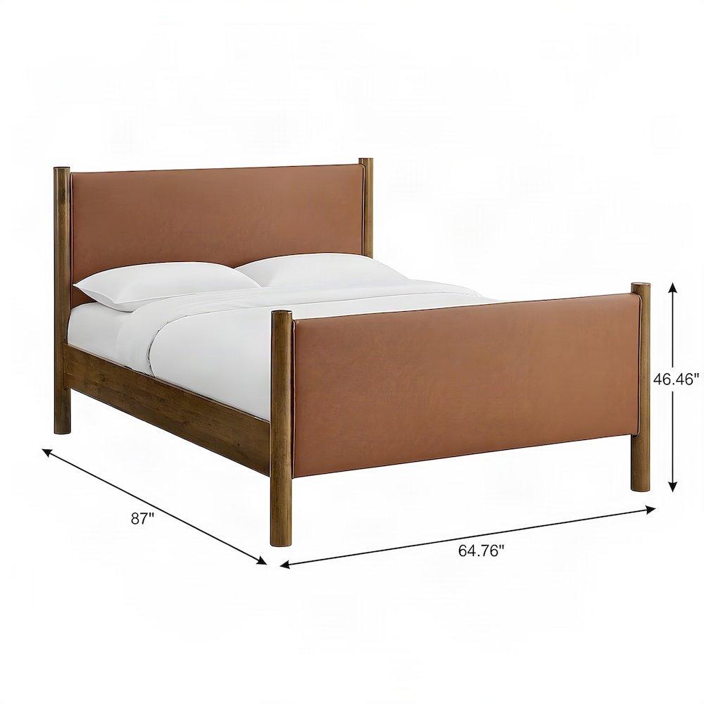 Vegan Leather Upholstered Queen Platform Bed Frame with Headboard, Tan Walnut
