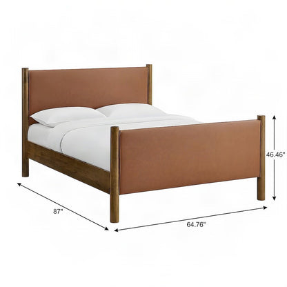 Vegan Leather Upholstered Queen Platform Bed Frame with Headboard, Tan Walnut