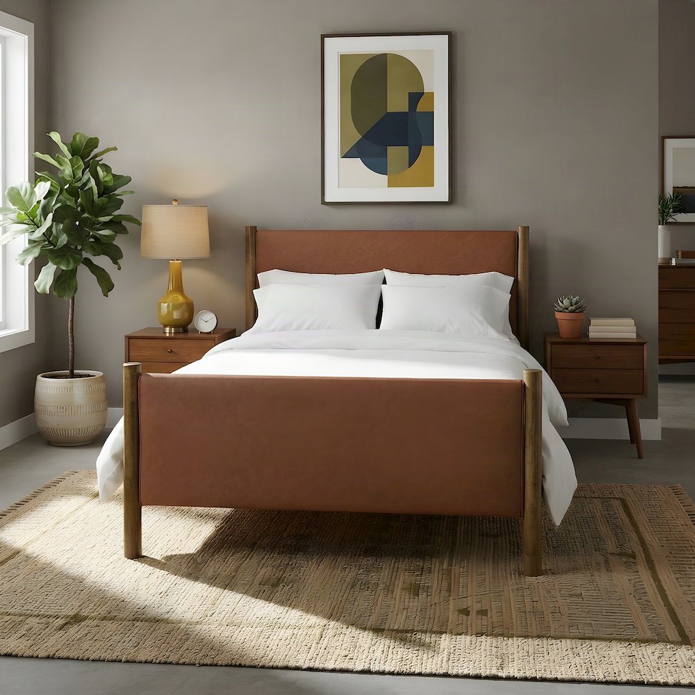 Vegan Leather Upholstered Queen Platform Bed Frame with Headboard, Tan Walnut