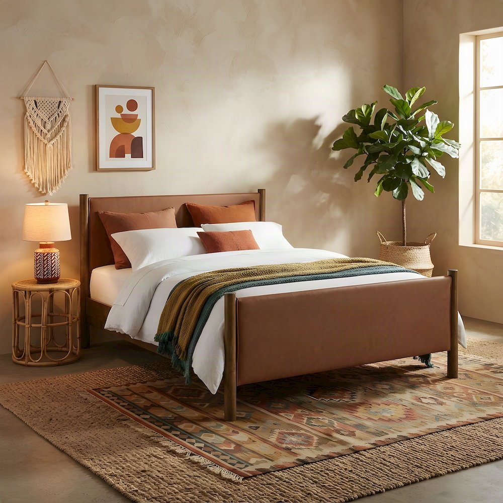 Vegan Leather Upholstered Queen Platform Bed Frame with Headboard, Tan Walnut