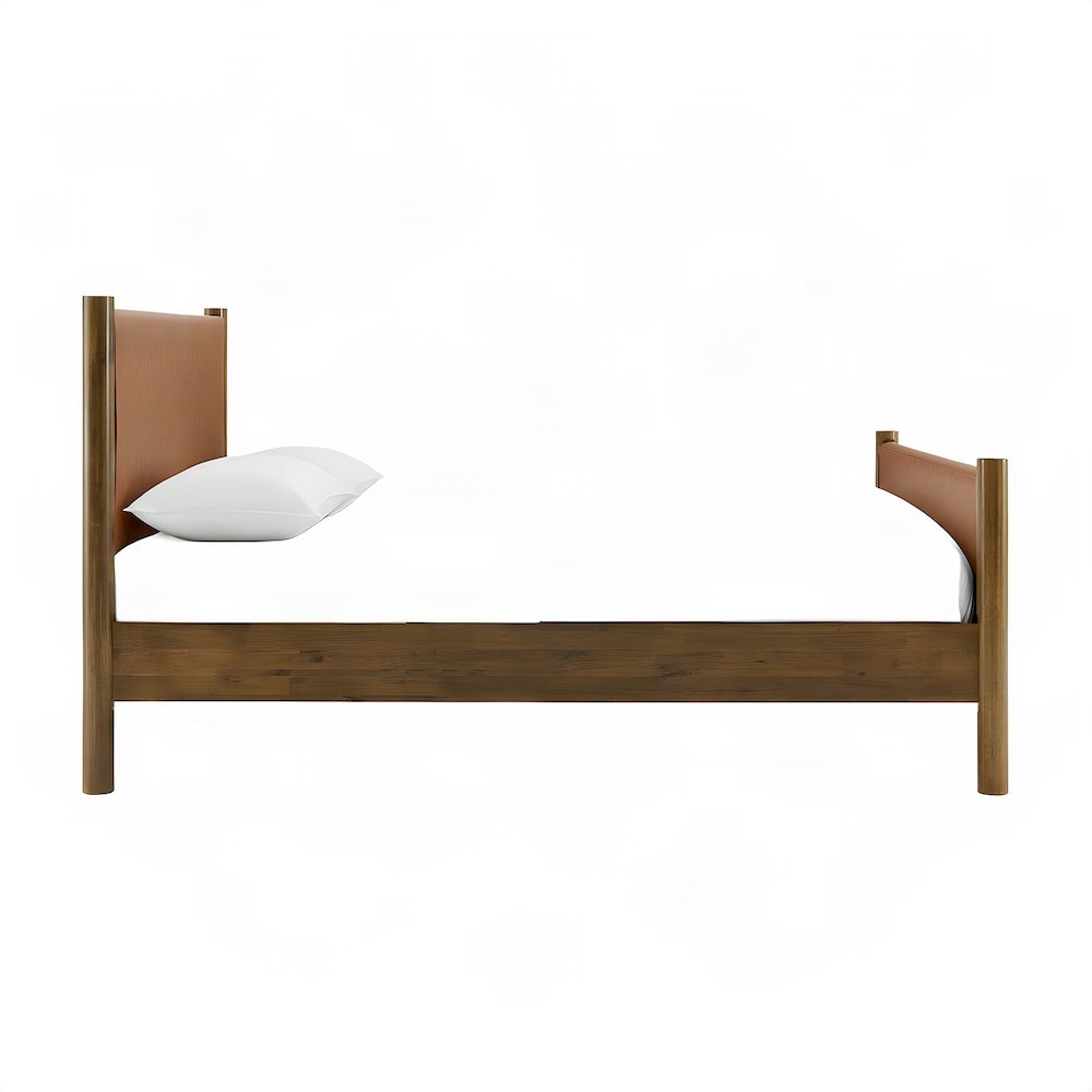 Vegan Leather Upholstered Queen Platform Bed Frame with Headboard, Tan Walnut