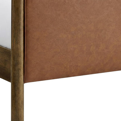 Vegan Leather Upholstered Queen Platform Bed Frame with Headboard, Tan Walnut