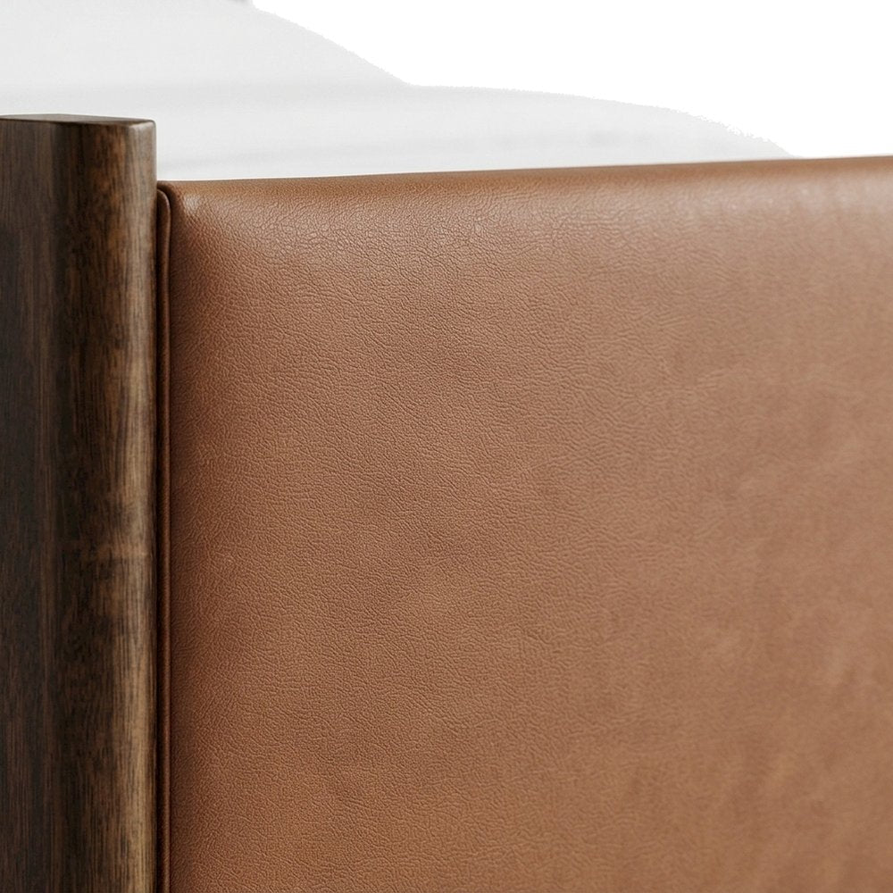 Vegan Leather Upholstered Queen Platform Bed Frame with Headboard, Tan Walnut