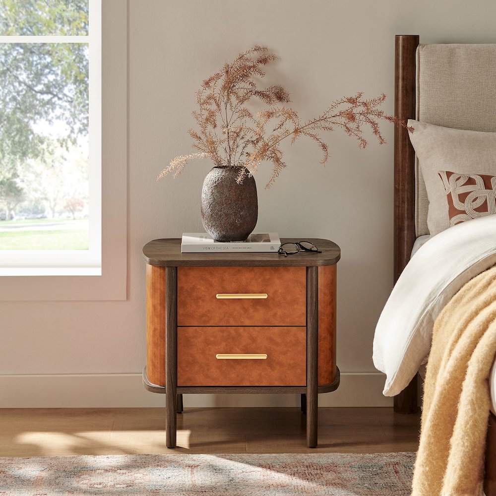 Coralie 2-Drawer Curved Vegan Leather Nightstand