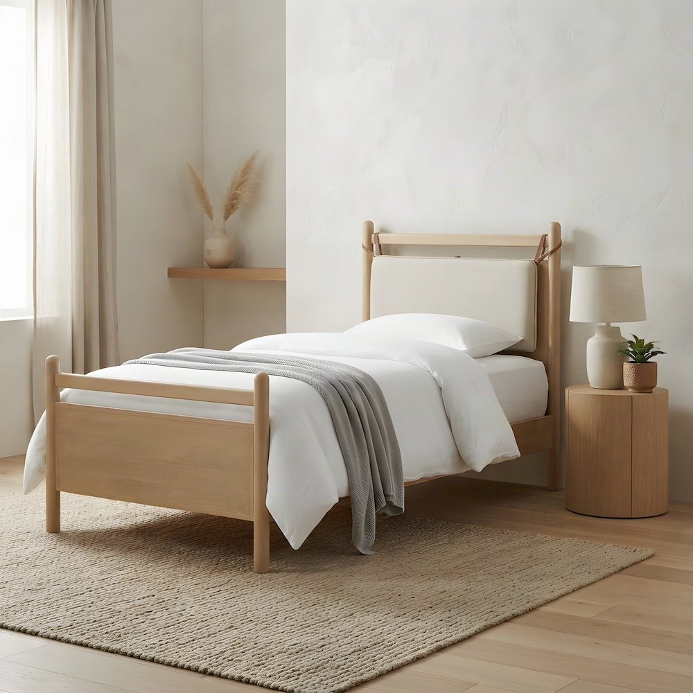 Twin Low Profile Wood Platform Bed with Slat Support, Light Oak Heathered Ivory