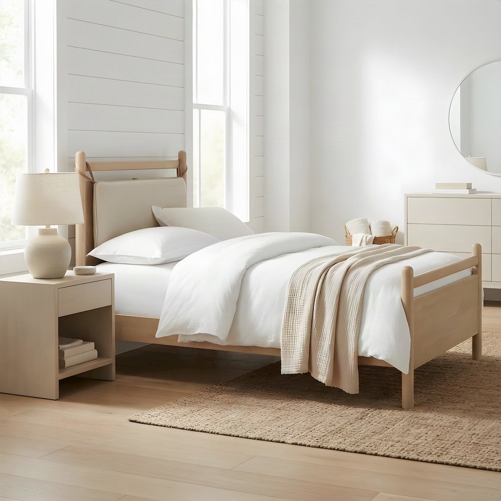 Twin Low Profile Wood Platform Bed with Slat Support, Light Oak Heathered Ivory