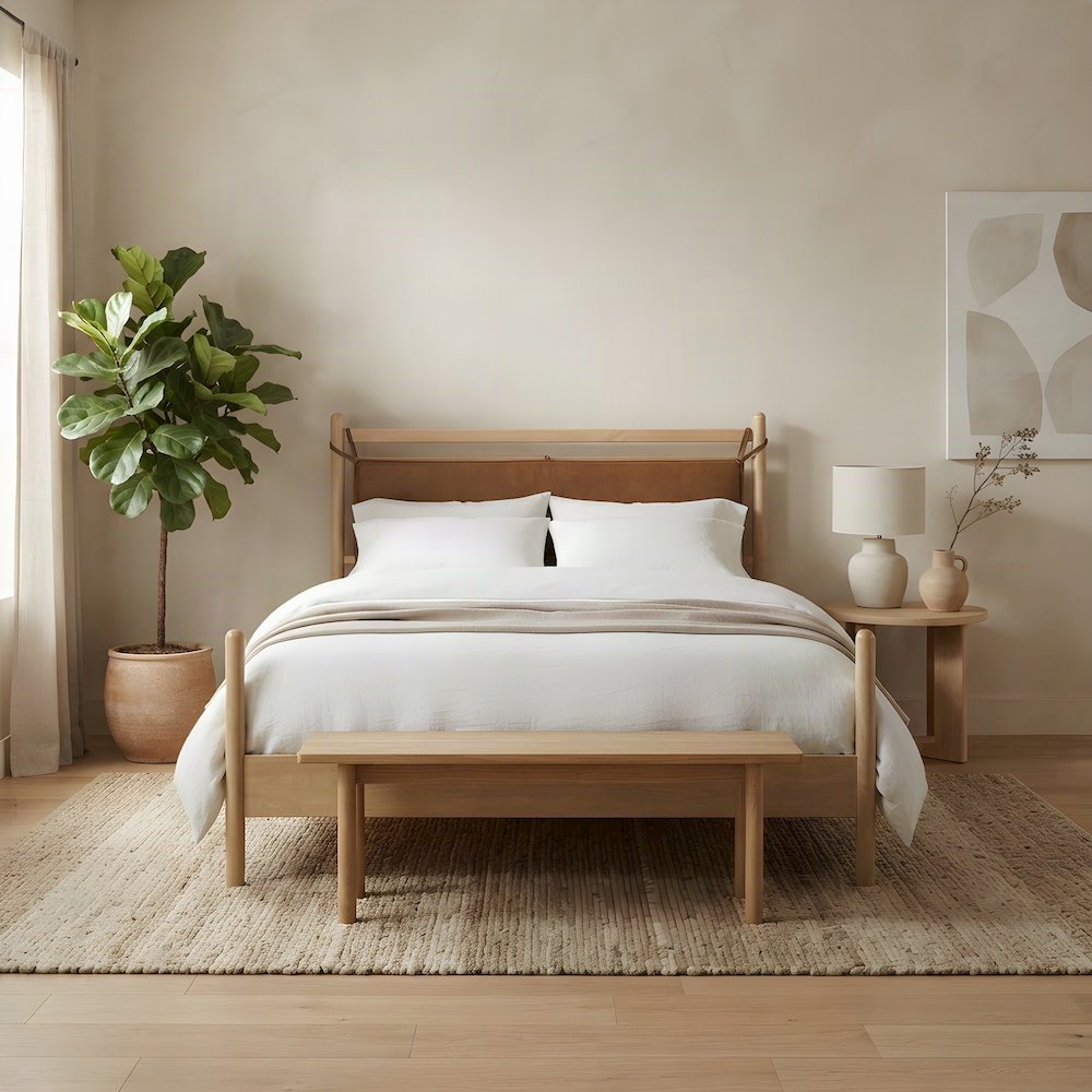 Queen Platform Bed with Headboard, Vegan Leather Wood, Light Oak Canyon