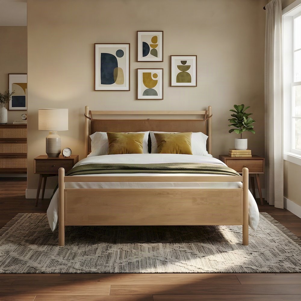 Queen Platform Bed with Headboard, Vegan Leather Wood, Light Oak Canyon
