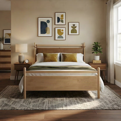 Queen Platform Bed with Headboard, Vegan Leather Wood, Light Oak Canyon