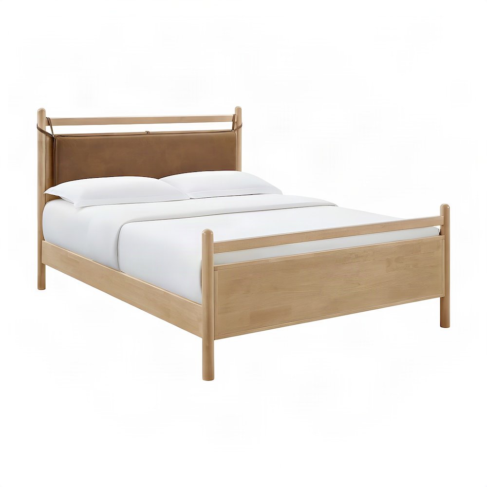 Queen Platform Bed with Headboard, Vegan Leather Wood, Light Oak Canyon