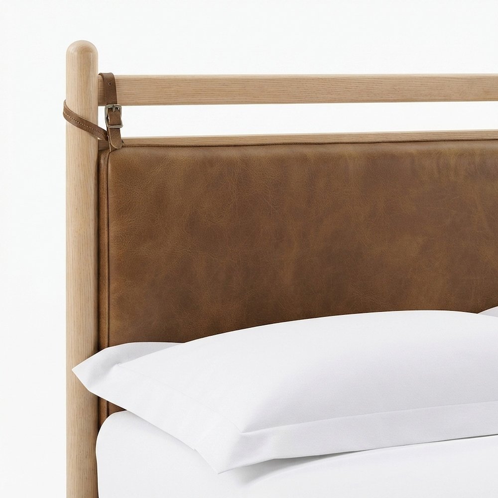 Queen Platform Bed with Headboard, Vegan Leather Wood, Light Oak Canyon