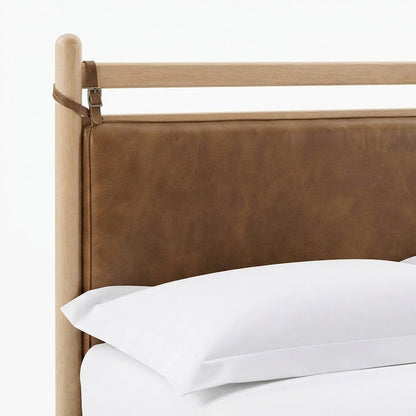 Queen Platform Bed with Headboard, Vegan Leather Wood, Light Oak Canyon