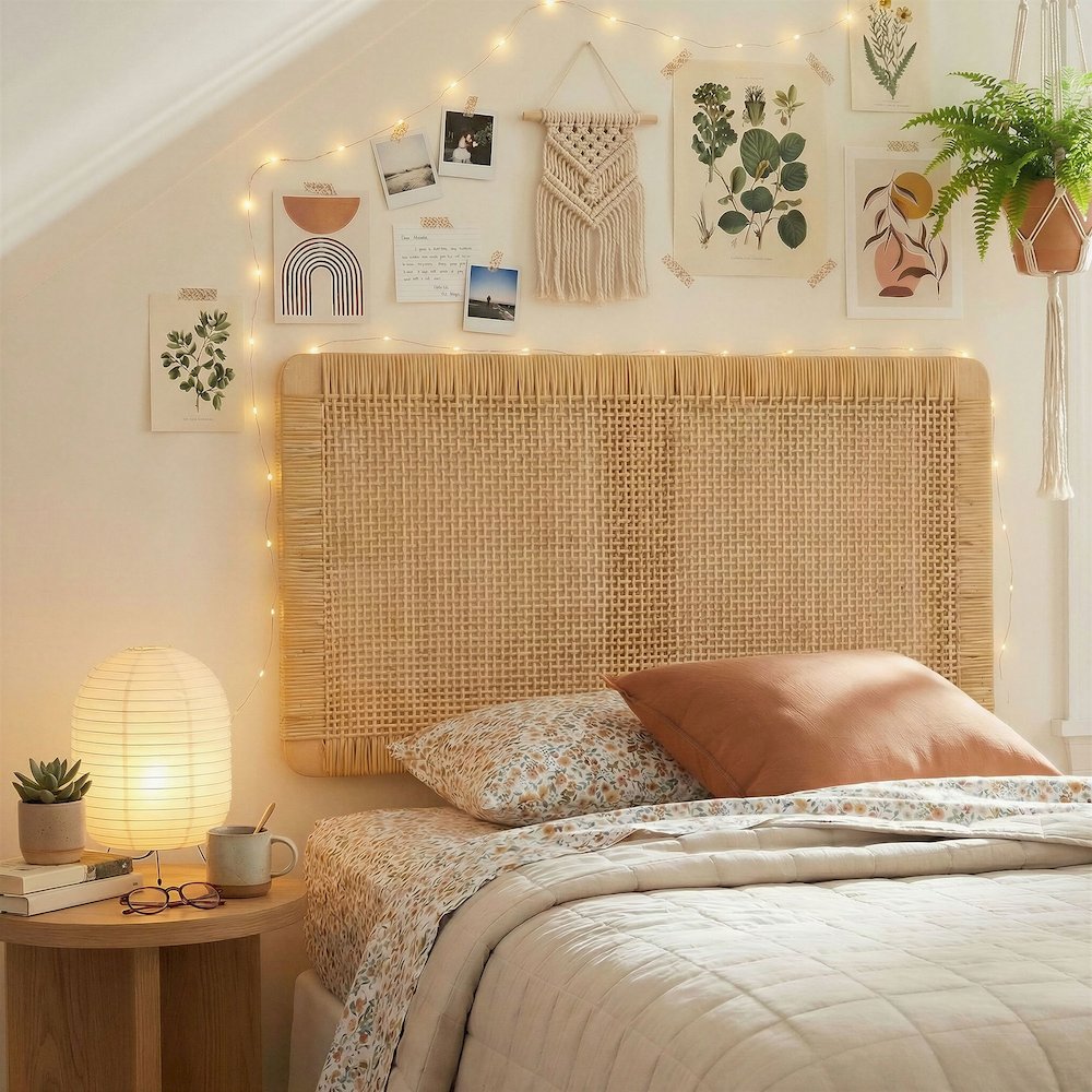 Sandy Wall Mounted Wood and Rattan Twin Size Headboard