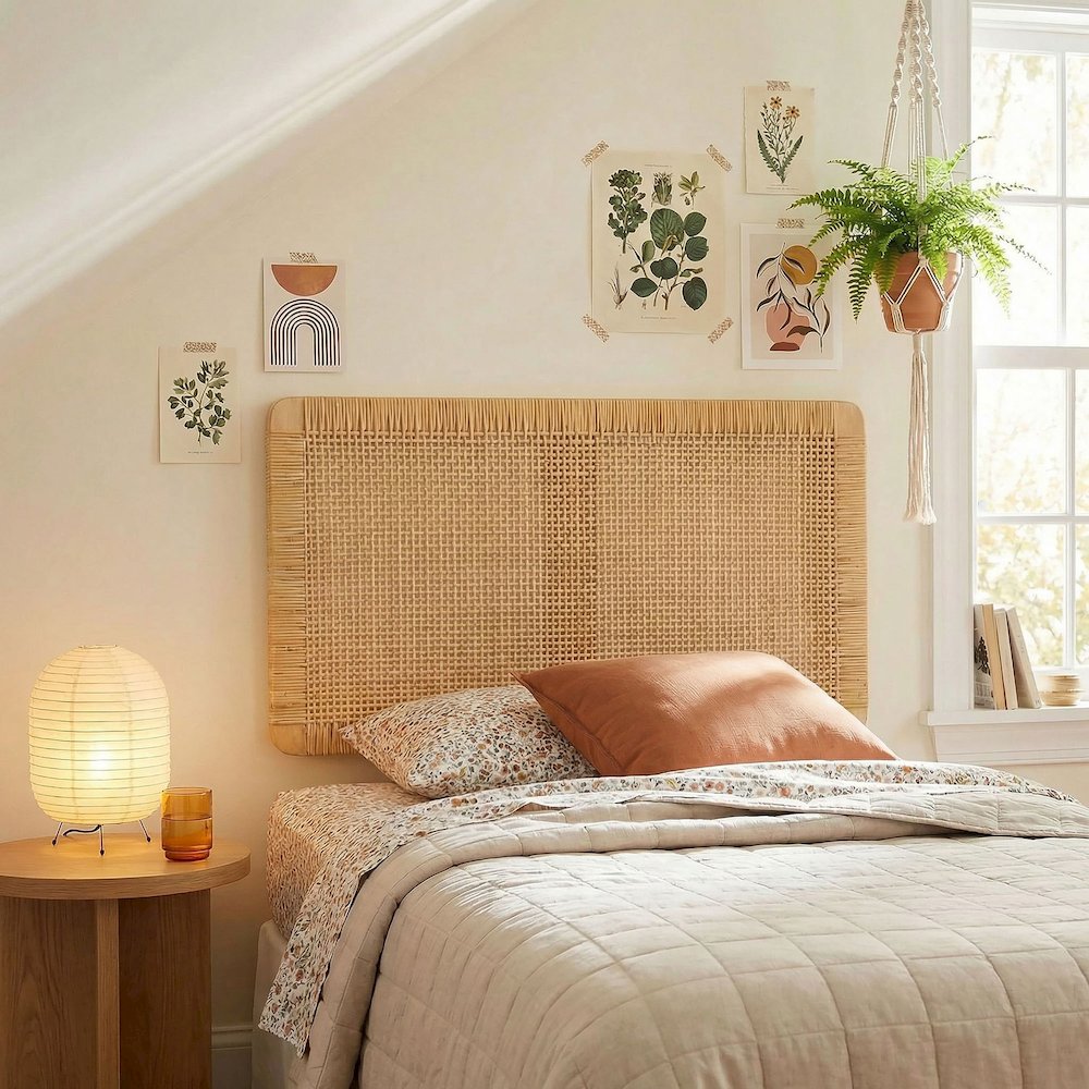Sandy Wall Mounted Wood and Rattan Twin Size Headboard