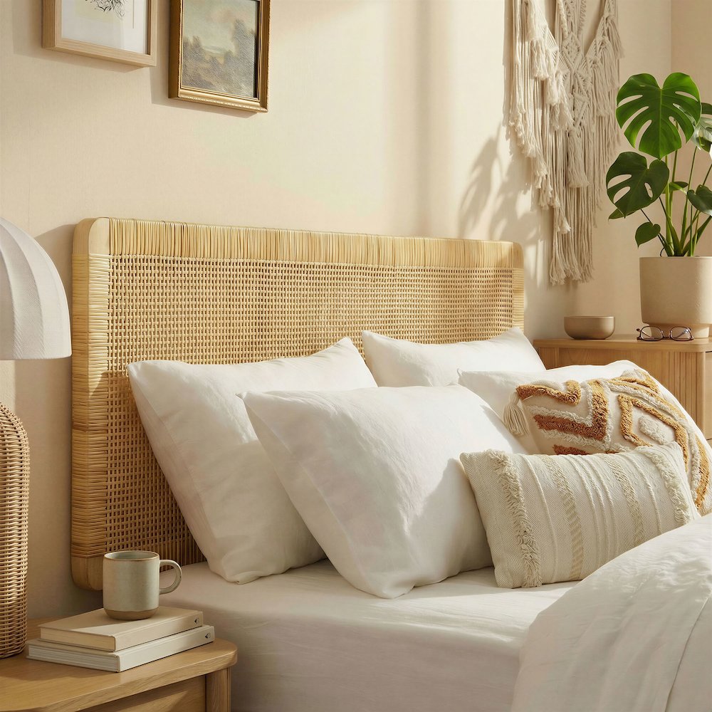 Sandy Wall Mounted Wood and Rattan Full Size Headboard