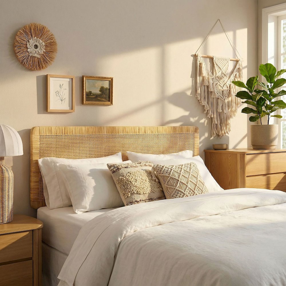 Sandy Wall Mounted Wood and Rattan Full Size Headboard