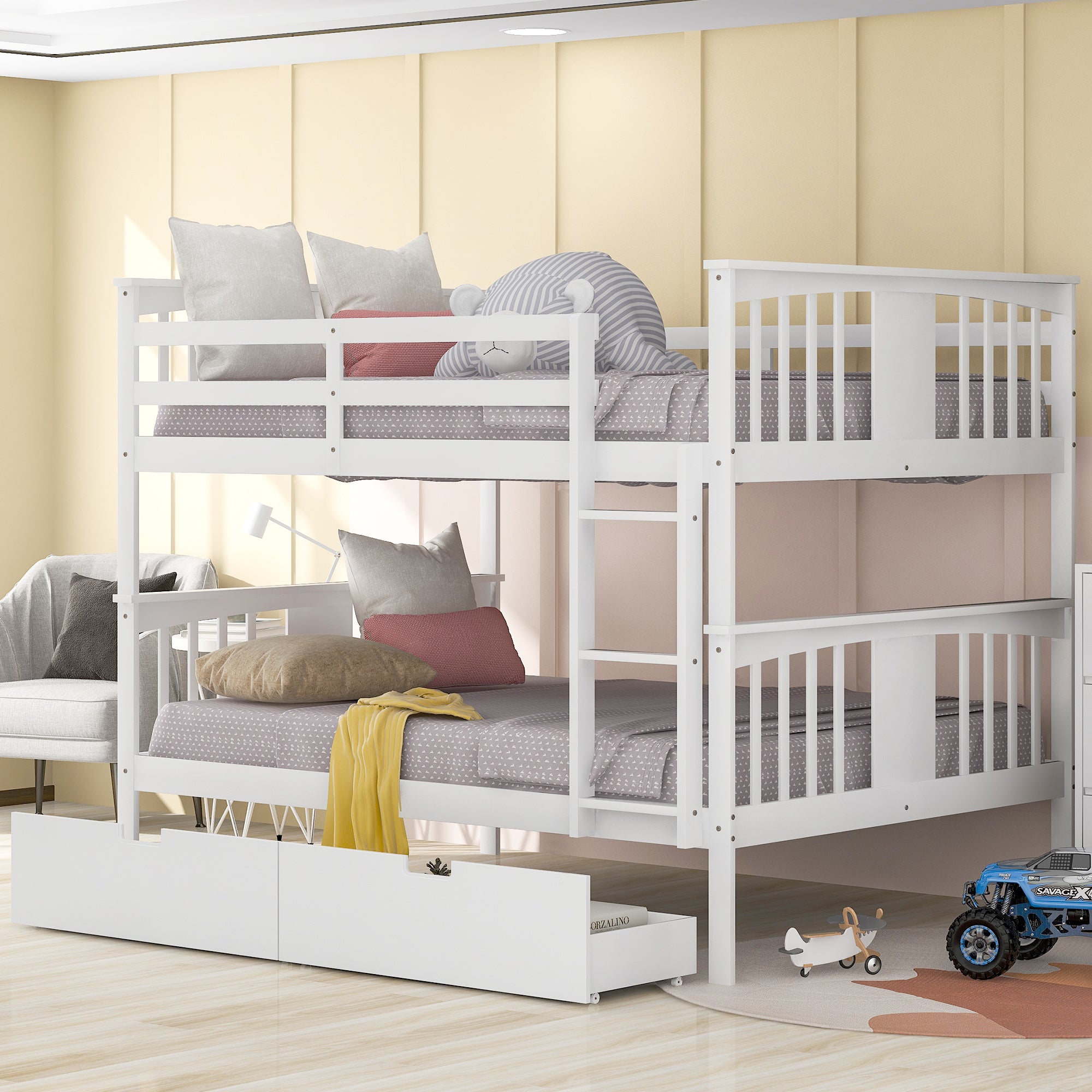 Full over Full Bunk Bed with Drawers and Ladder for Bedroom, Guest Room Furniture-White(OLD SKU :LP000205AAK)