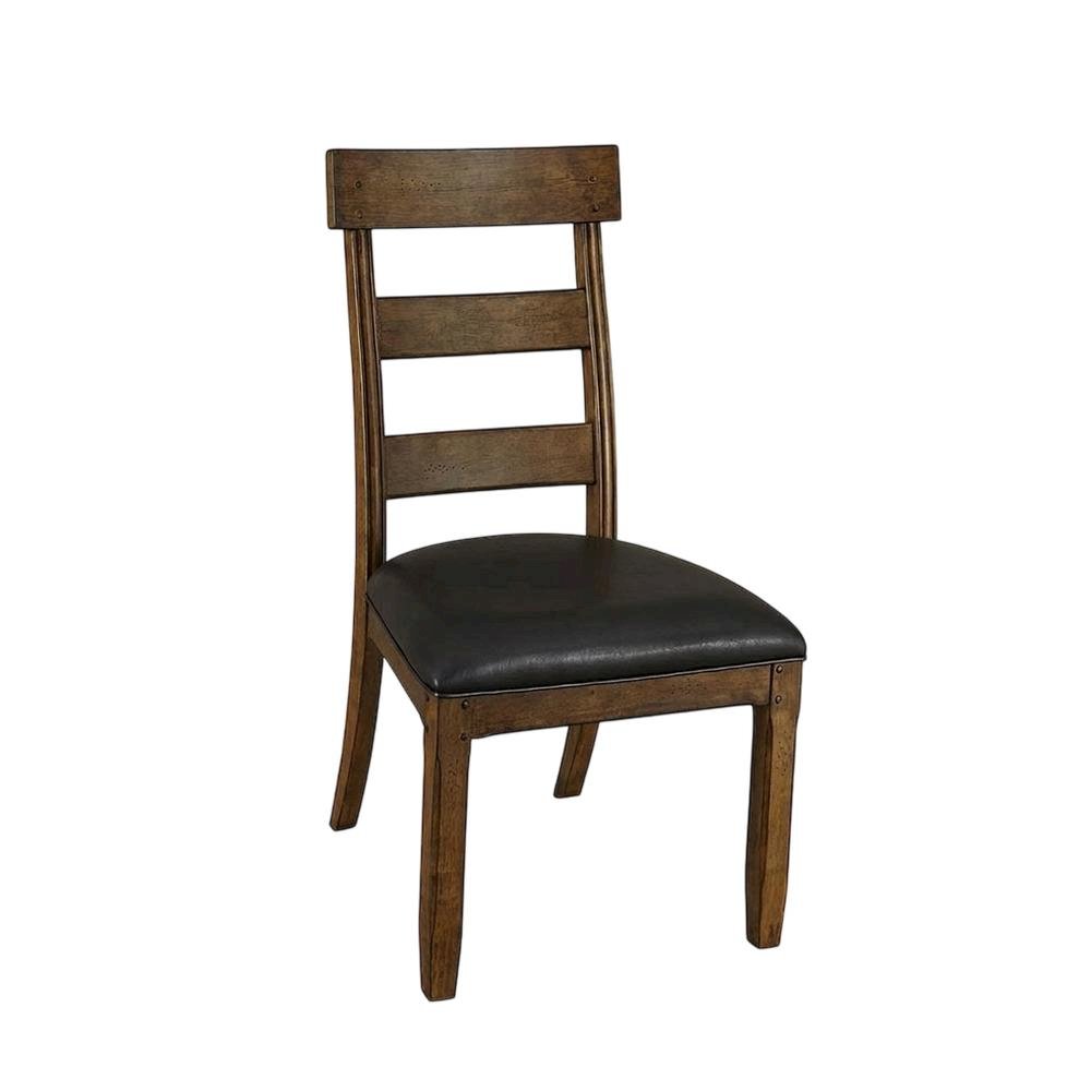 Distressed Mango Side Chair with Upholstered Faux Leather Seat, Warm Pecan