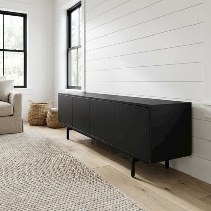 Black Laminate TV Console with 4 Doors in Modern and Industrial Style