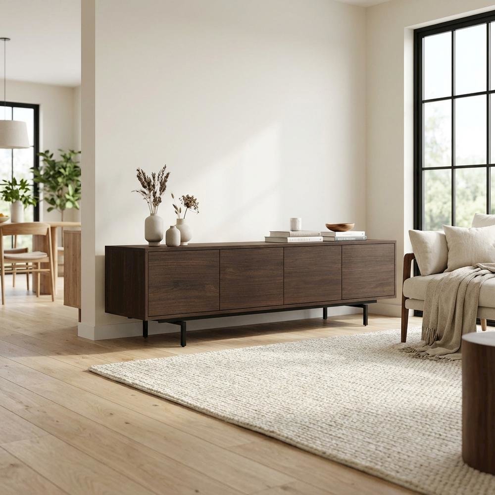 Industrial brown laminate TV console with four doors in engineered wood