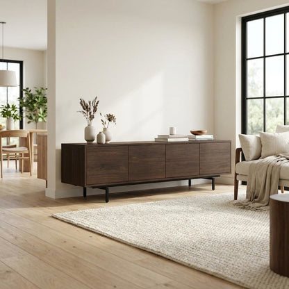 Industrial brown laminate TV console with four doors in engineered wood