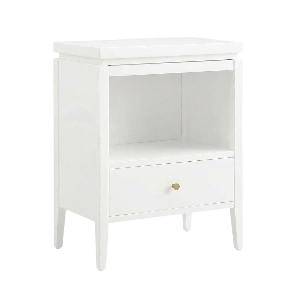 White Bedroom Nightstand, Gold Hardware, Casual, Farmhouse, Transitional Style