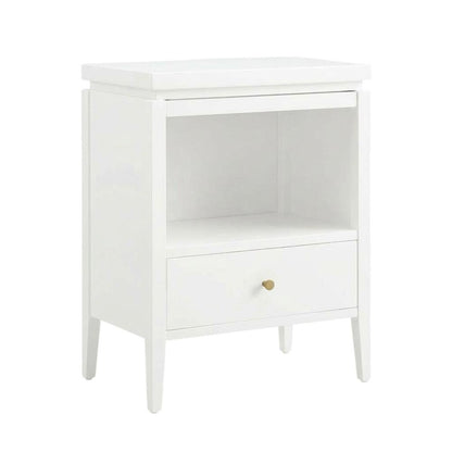 White Bedroom Nightstand, Gold Hardware, Casual, Farmhouse, Transitional Style